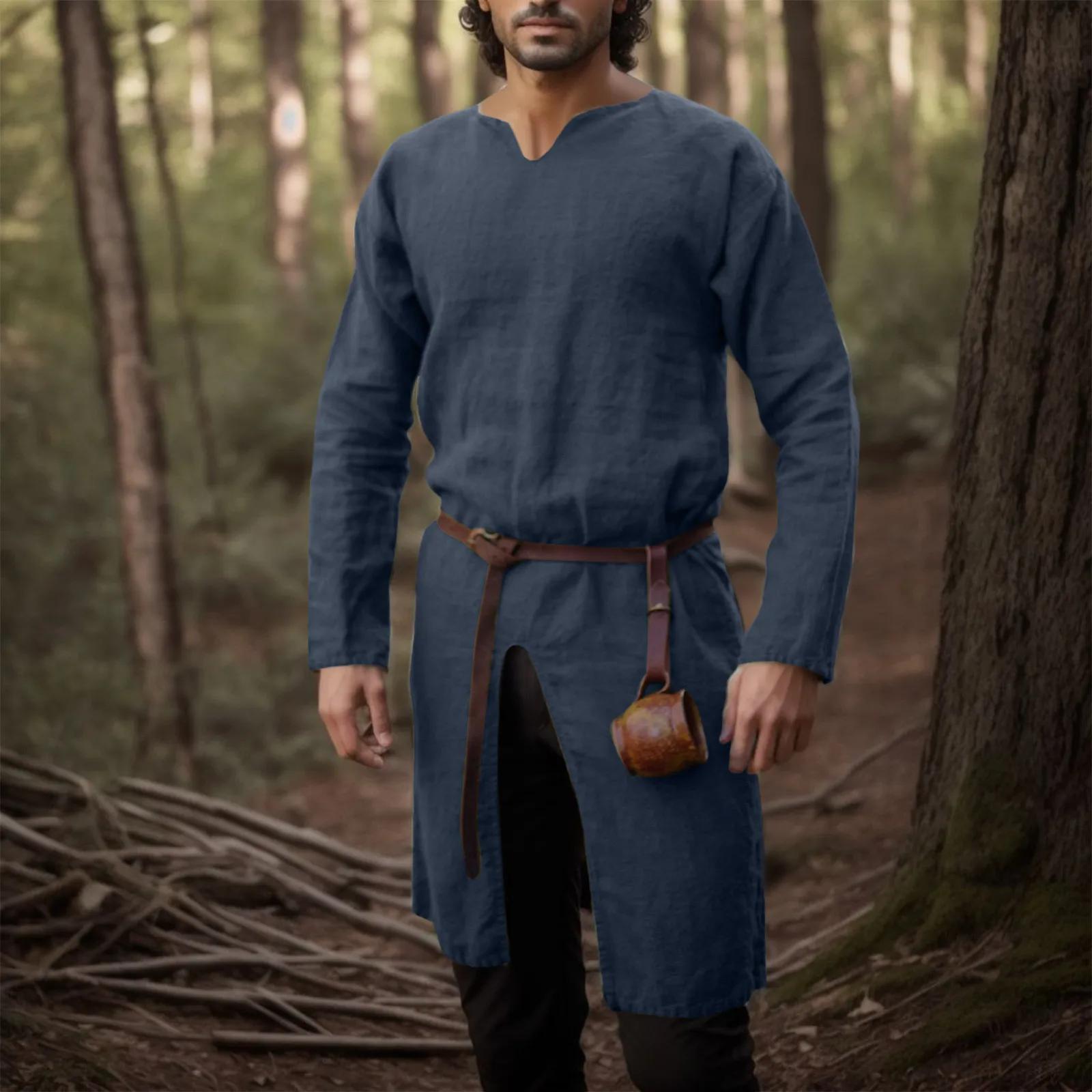 Middeleeuwse Renaissance Retro Linnen Shirt Tops Tuniek Mannen Lange Gewaden Jurk Vintage Jassen Ridder Vikingen Piraat Cosplay Kostuums S blauw