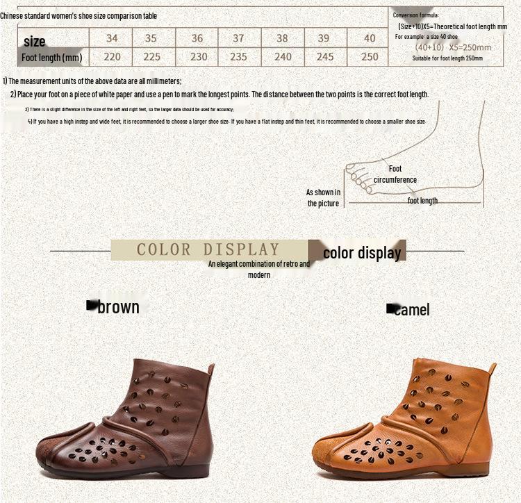 Shanghai Jiezhou 2024 Sandales Bottes Hautes Découpes Rétro en Cuir de Vachette - Chaussures Décontractées Confortables Polyvalentes pour Femmes