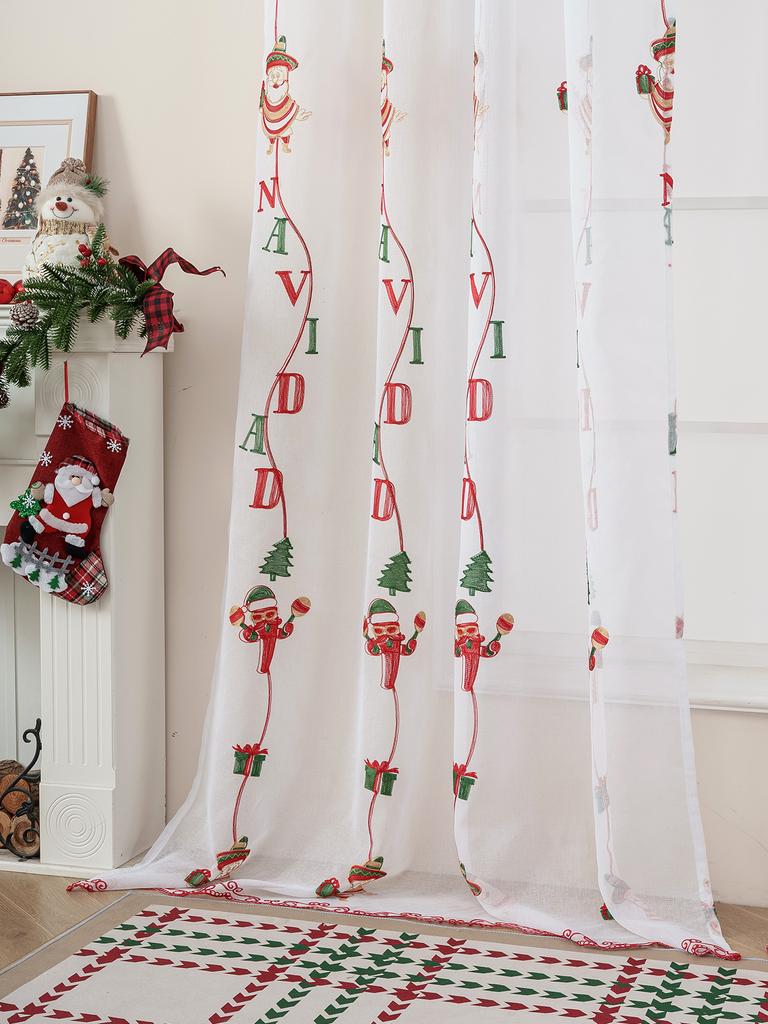 1PC Cartoon Santa Claus Christmas Lace Embroidered Thin Curtain for Bedroom And Living Room Holiday Decorative Window Treatment