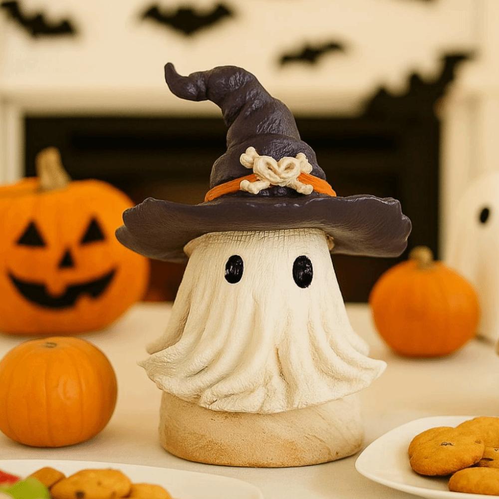 White Halloween Ghost Figurine Cute Halloween Ornaments Hat Ghost Statue  Halloween Festive Party