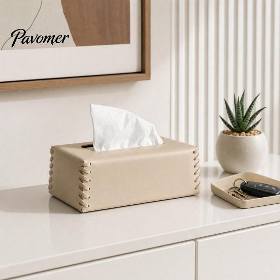 Nordic Style Tissue Box PU Leather Holder, with Hand-stitched Edges Design, Modern Smooth Paper Extraction Case for Home Office Decorative Holder