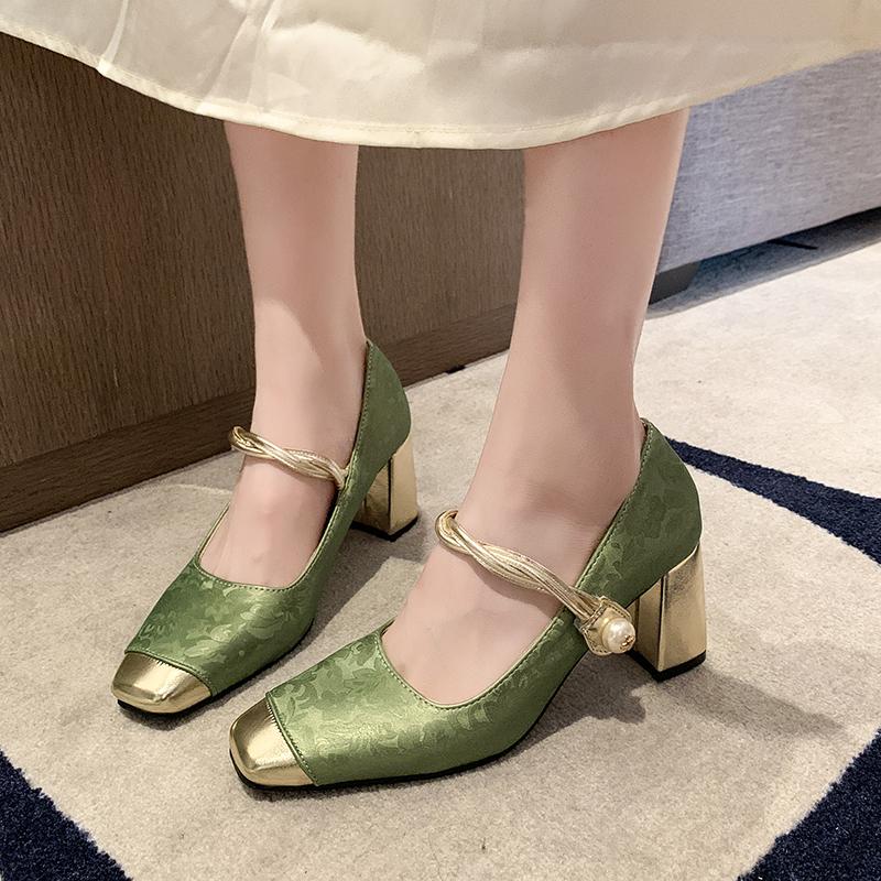 2025 Spring and Autumn New Square Head High Heels with Bold Heels, Green Women's Shoes, French Velcro Strap Women's Shoes