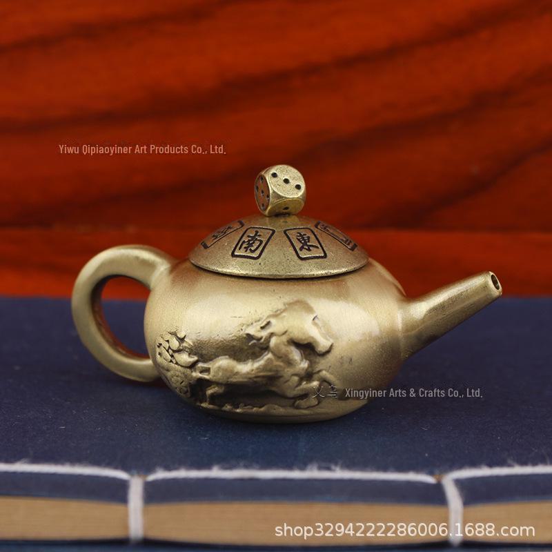 Brass Handle Rotating Dragon and Phoenix Mini Teapot for Mahjong Copper Crafts Gift
