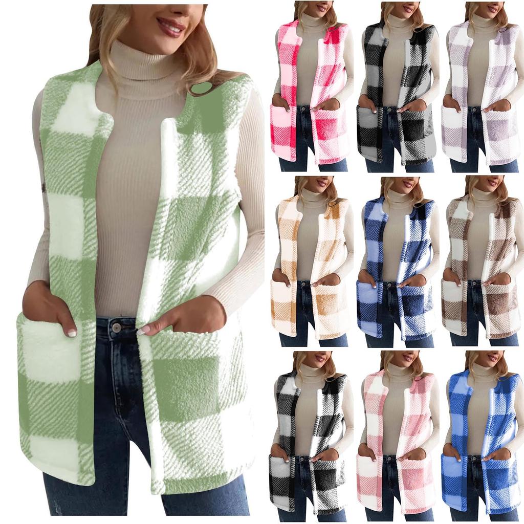 Plaid Fleece Vest For Women  Fall Winter Fuzzy Thermal Warm Sleeveless Jacket Trendy Outwear