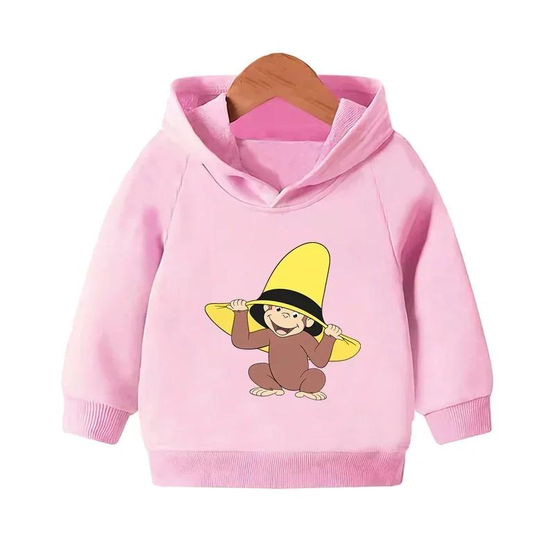 Curious George Cute Monkey Print Funny Kids Hooded Hoodies Girls Clothes Children Sweatshirts Autumn Baby Pullover Tops