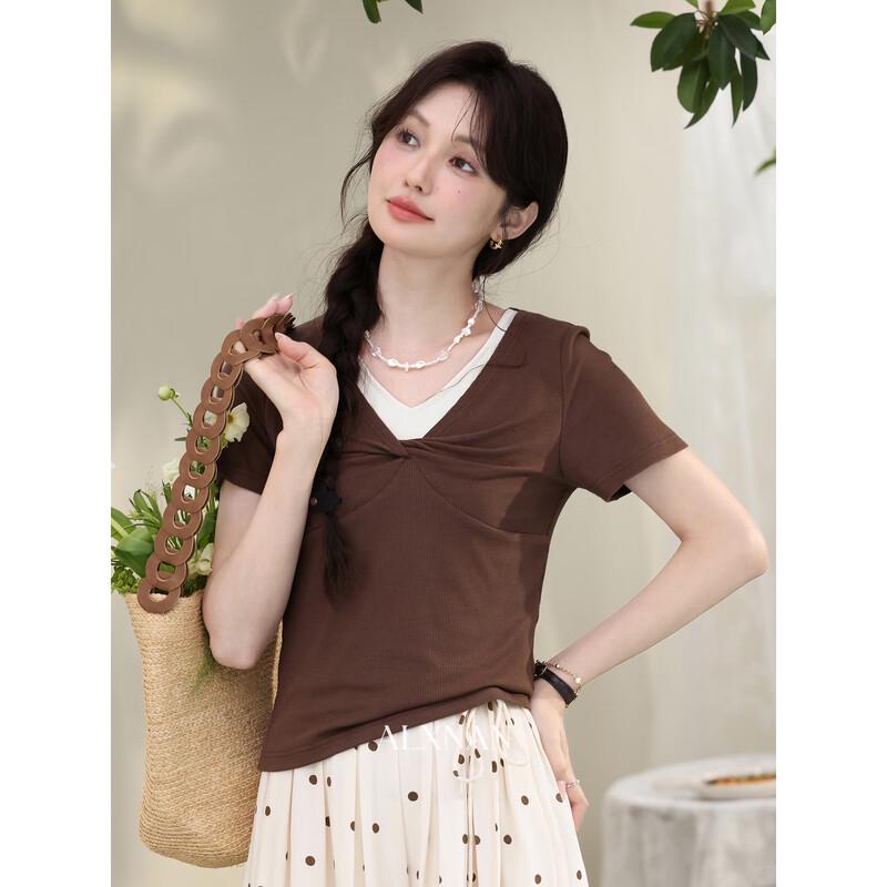 Women s Fake Two-Piece Twist V-Neck T-Shirt M