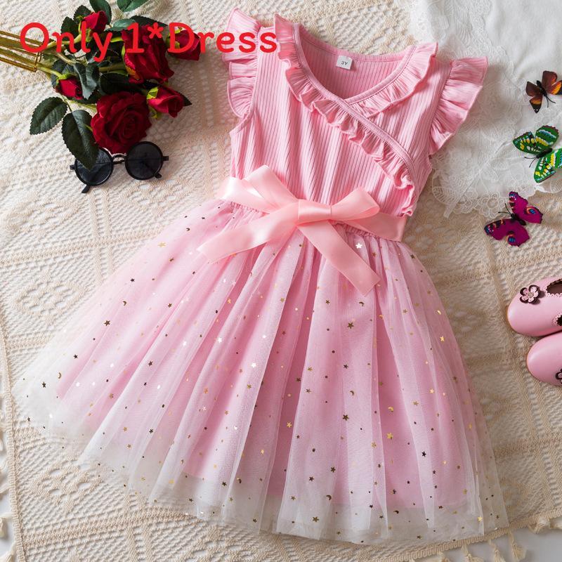 Princess Girl Summer Dress With Glitter Star Sequins And Pleated Cotton Blend