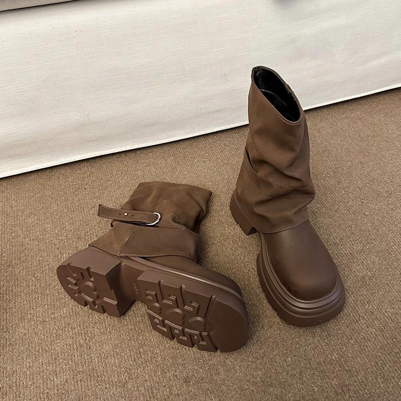 Brown Ort Boots Women'S Autumn Winter Thi Bot Faion Boots Slim Leg Tube Shoes Street Sle Round Toe Women Shoes