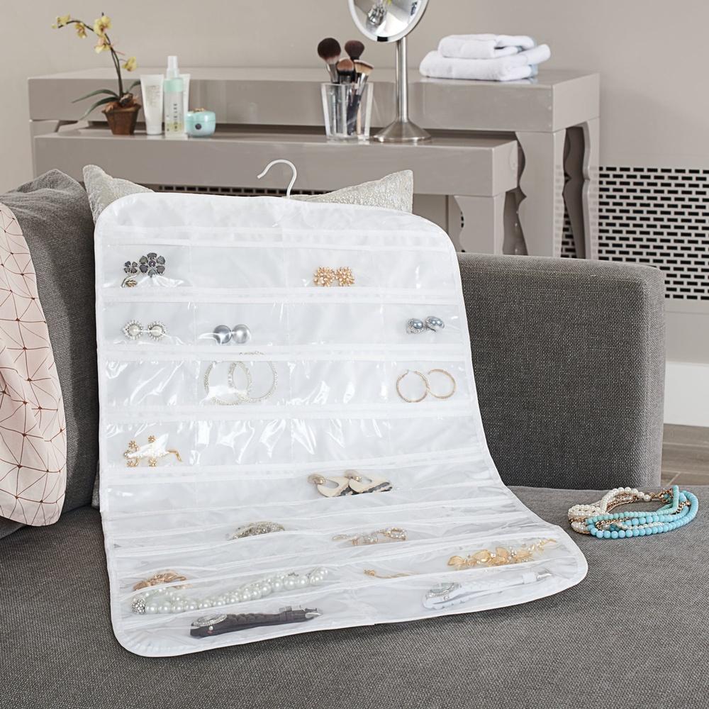Double-Sided Jewelry Organizer 80 Pockets Hooks PEVA Storage Earrings Necklaces Rings Hair Accessories Tangle-Free Closet