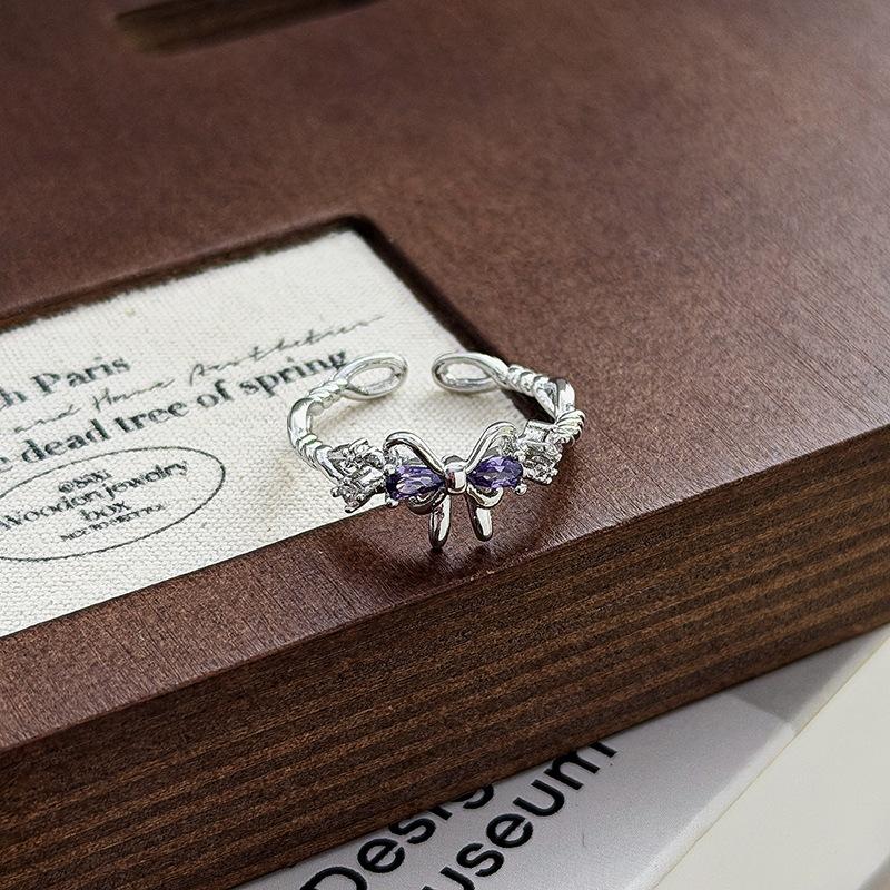 Sweet And Cool Girl'S Heart Bow, Purple Zircon Diamond-Set Open Ring, Light Luxury Niche High-End Sense Stacked Index Finger Ring