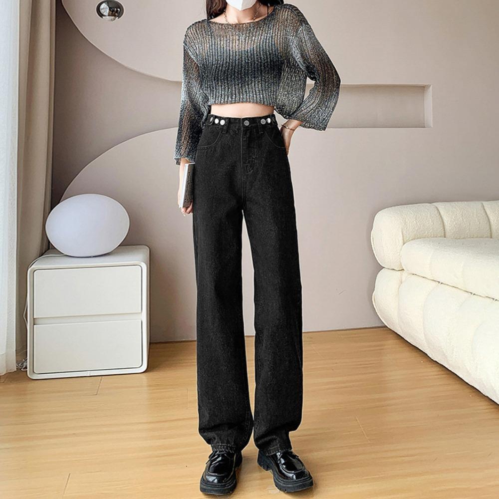 

Loose and thin high-waisted straight 2025 new jeans women s adjustable waist wide legs mopping the floor outside long pants 2XL черный серый