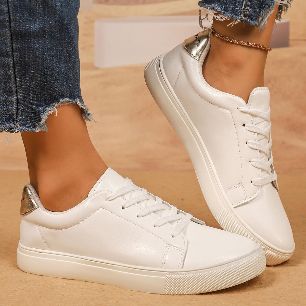 

Fashion Casual Solid White Lace Up Flat Skate Shoes Women 2025 Autumn Fashion Silver Splicing Round Toe Sneakers Comfort Non Slip Shoes 43 белый