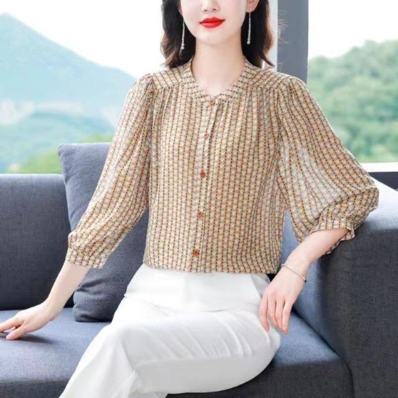 Spring Summer Women's Clothing Round Neck Pullover Button Lantern Long Sleeve Chiffon T-shirt Casual Elegant Fashion Tops