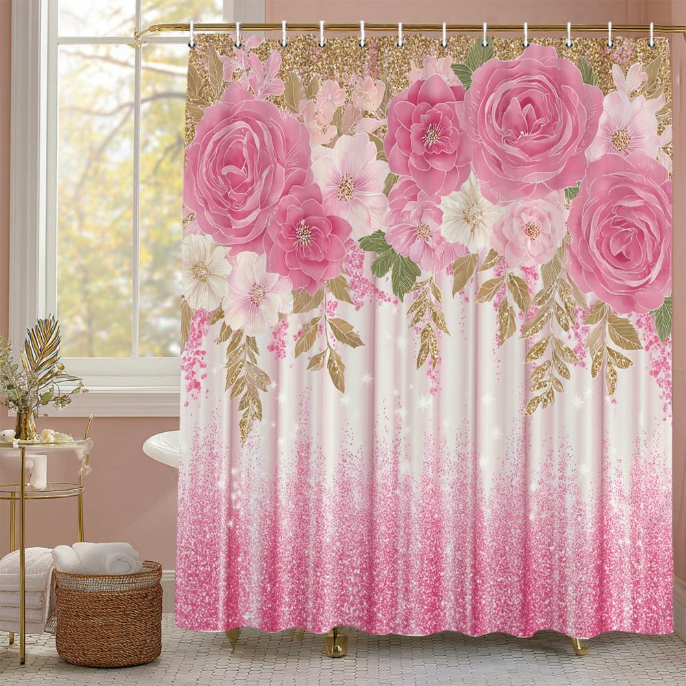 Shiny pink rose flowers Shower Curtain, Bathroom Decorative Shower Curtain, Printed Polyester fabric Shower Curtain with Hooks