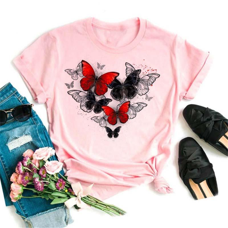 Woman Plus Size Tops Oversized T Shirt Aesthetic Clothes Summer Burst Cute Cartoon Butterfly Trend Letter Print Top T-shirt
