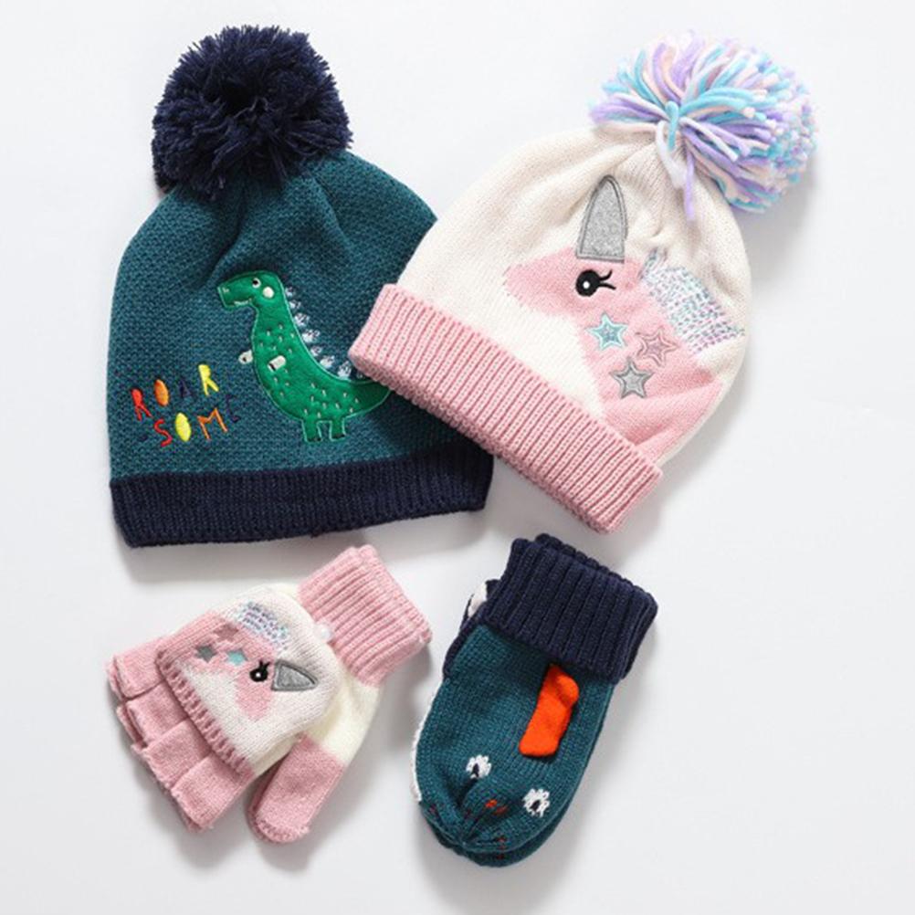 Kids Winter Knitted Hat Gloves Set Cartoon Dinosaur Knit Warm Beanie with Pompom Gifts for Boys Girls