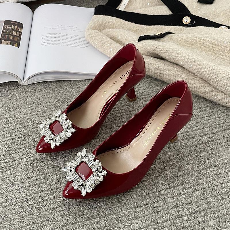 High heels women's thin heels pointed toes nude women's single shoes fattened and widened large size women's shoes-4 rhinestones women's medium heel