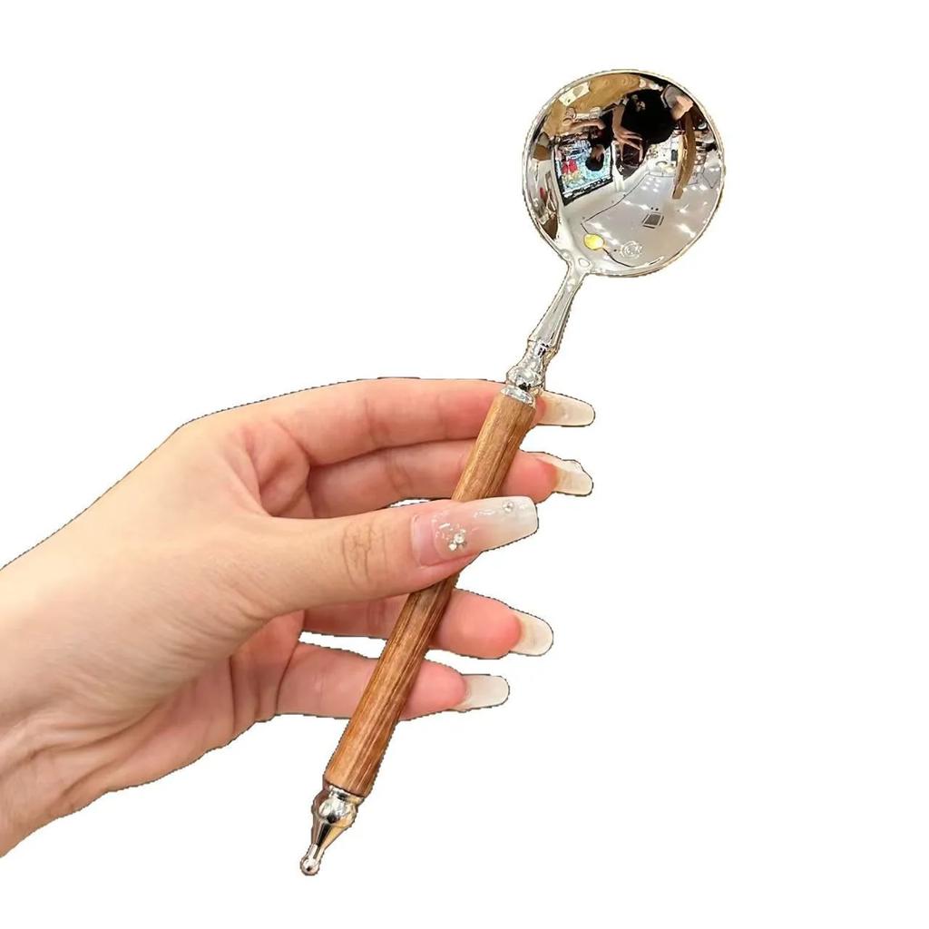 20cm Pear Wood Handle Stainless Steel Long Round Head Spoon for Rice Soup Dessert Tableware Kitchen Dining Tool