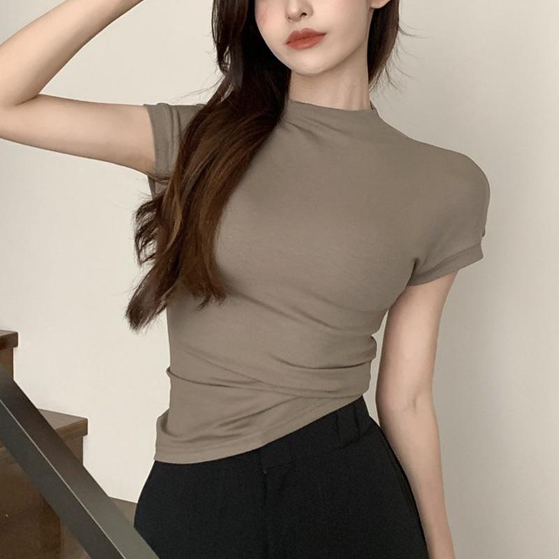 

1 шт., модная футболка с полувысоким воротом, пуловер с коротким рукавом, короткие топы, женские тонкие летние топы