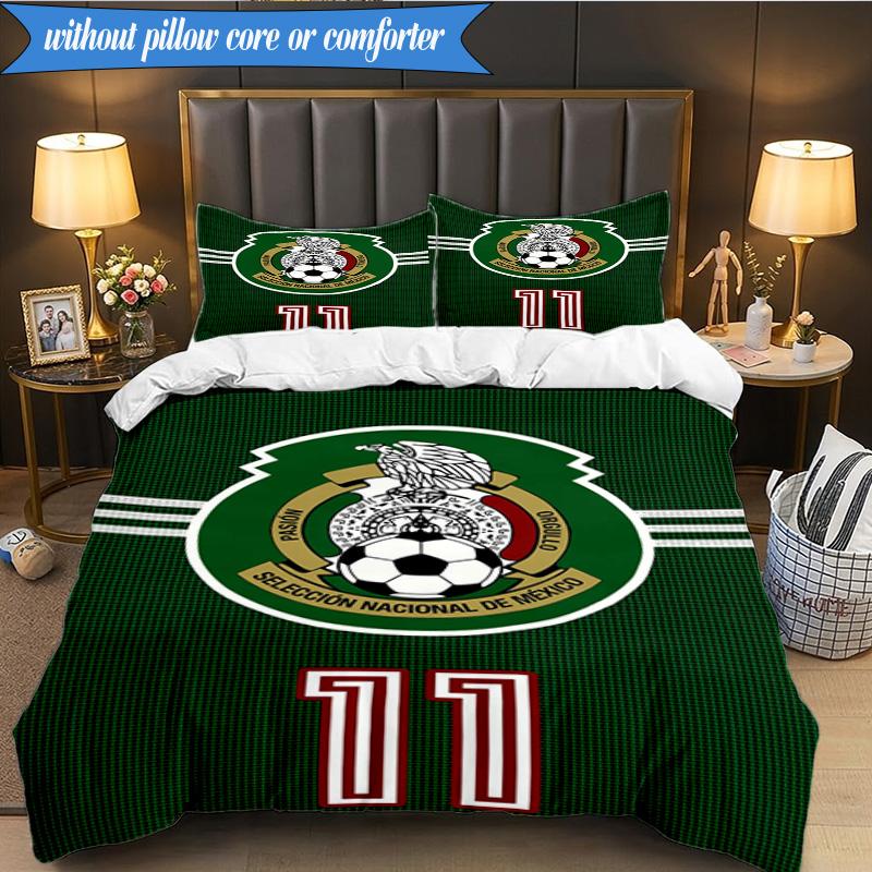 3PCS Mexico Football Team Emblem Printed Soft Bedding Set,Including 1pc Duvet Cover And 2pcs Pillowcases Perfect for Bedroom, Dormitory, Fan Gift