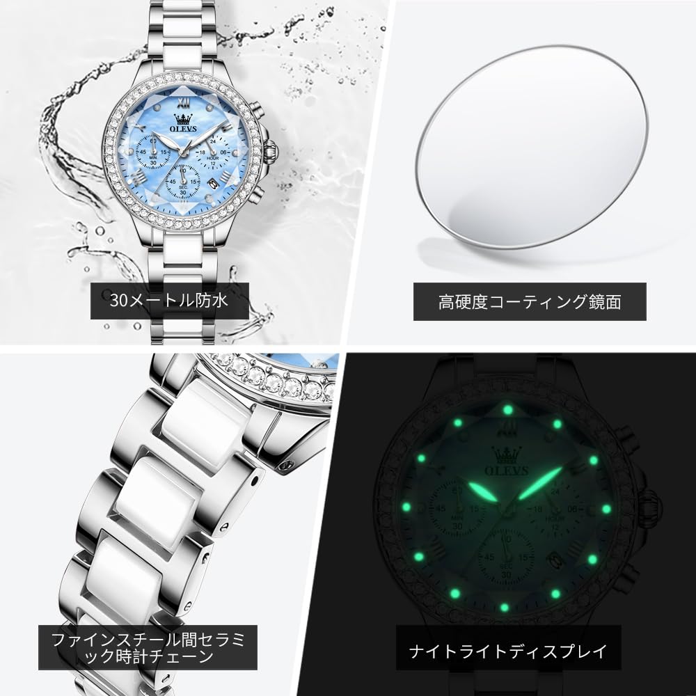 OLEVS Women's Watch Quartz Japanese Movement Multifunction 60-Minute Chronograph 12-Hour Subdial Date Luminous 30m Waterproof Stainless Steel Ceramic