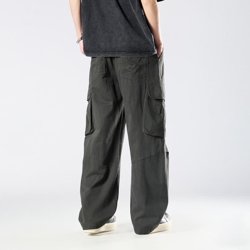 American multi-pocket black cotton overalls men's spring and autumn loose straight boys wide-leg casual pants