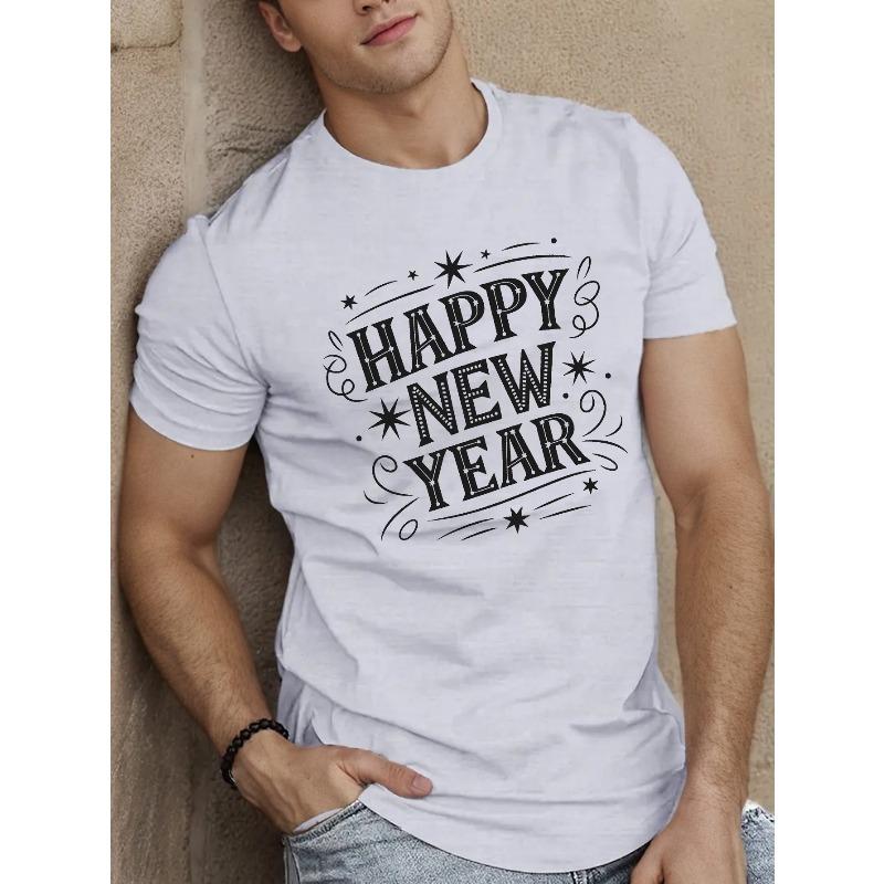 

European sizes Happy New Year Festive Graphic Men s T-Shirt - Casual Short Sleeve, Polyester, Machine Washable - Summer Fashion Top 4XL білий