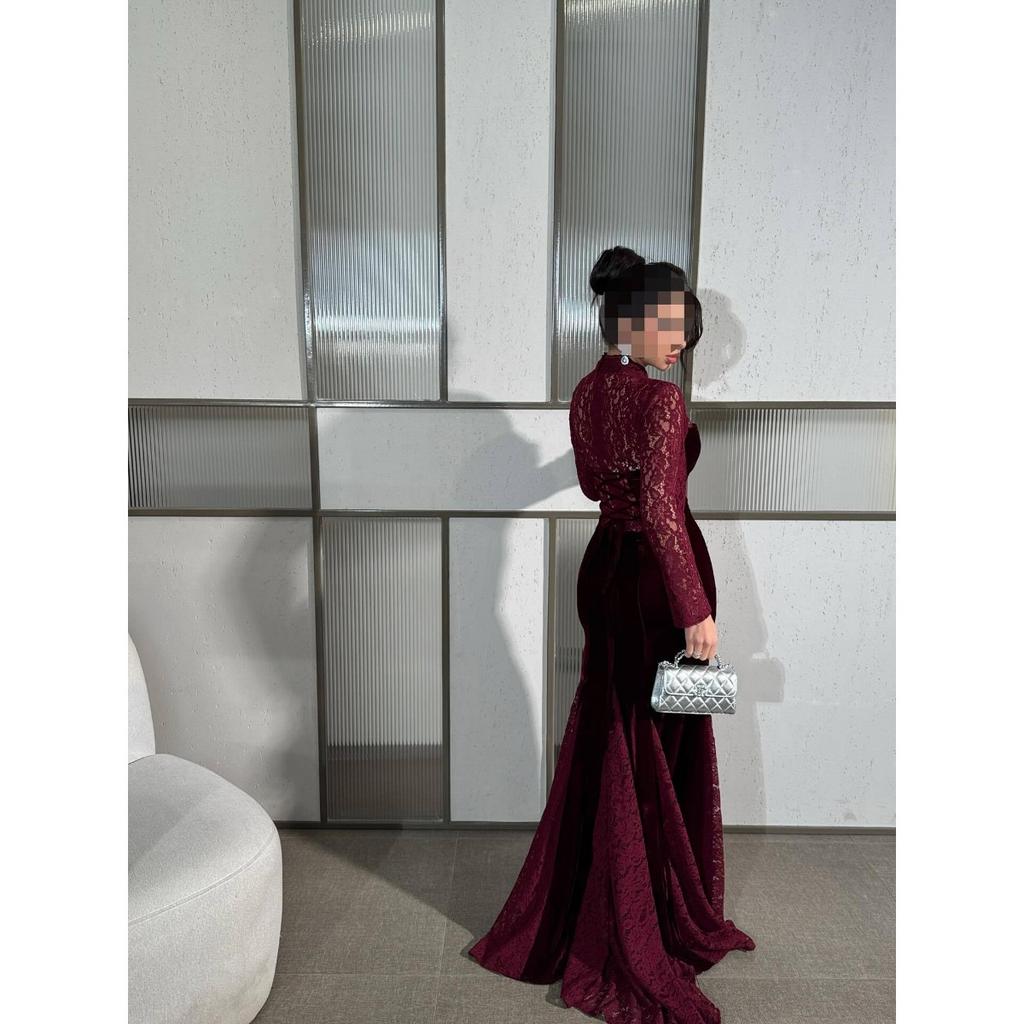 Fall Winter Women's Vintage Elegant Velvet Long Sleeve Lace Patchwork Round Neck Evening Party Dress