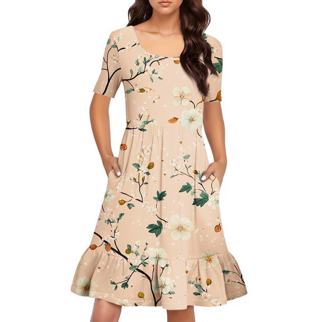 Damen Casual Rundhals Kurzarmkleid Lockeres Taillenplisseekleid Taillenplisseekleid
