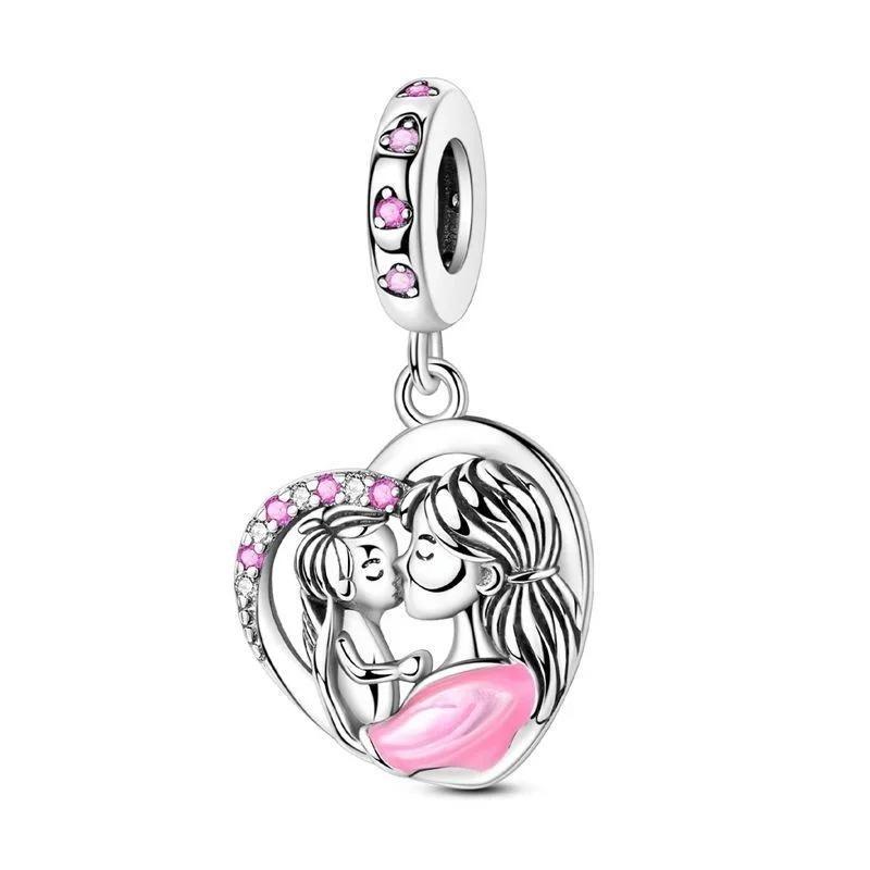 Sparkling Birthstone Charms Copper Heart Mom Key Pendant Bead Fit Original Necklace Bracelet Women Jewelry Diy Gift