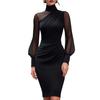 Women's Mesh Sheer Long Sleeve Mini Dress, Ruched Bodycon Mock Neck Party Cocktail Dress, Formal Wedding Guest Evening Gown