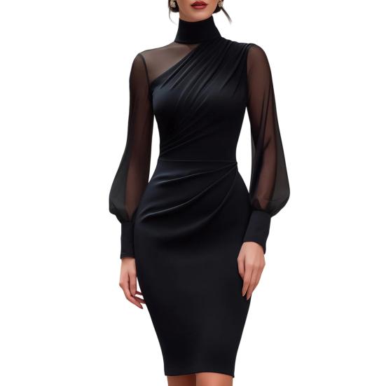 Yousheng Women s Mesh Sheer Long Sleeve Mini Dress, Ruched Bodycon Mock Neck Party Cocktail Dress, Formal Wedding Guest Evening Gown S чёрный