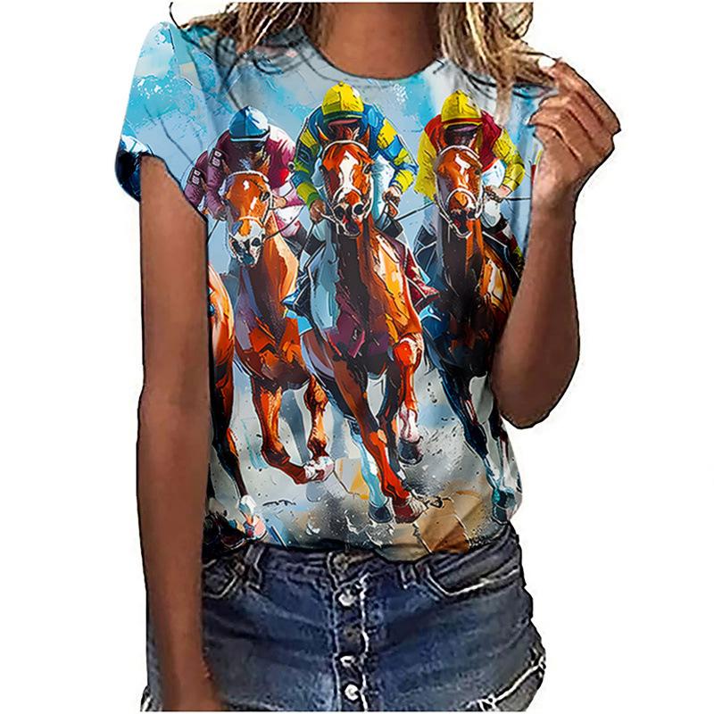 Summer Comfortable Soft Short Sleeved T-shirt Colorful Horse Riding Pattern Print Fashionable Relaxed Women's T-shirt