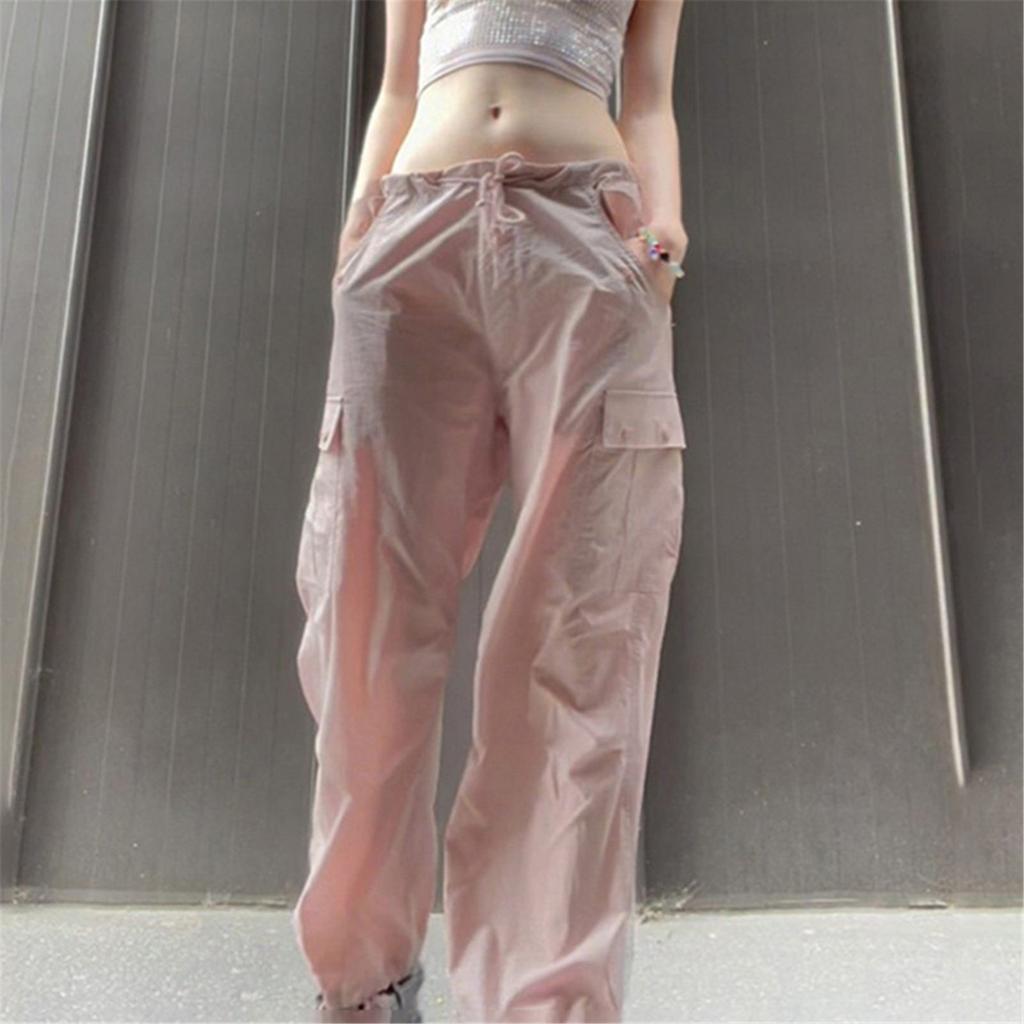 Women's Solid Color Cargo Street Hip Hop Jogging Pants Lace-up Zipper Type Casual Wide Leg Pants With Pockets