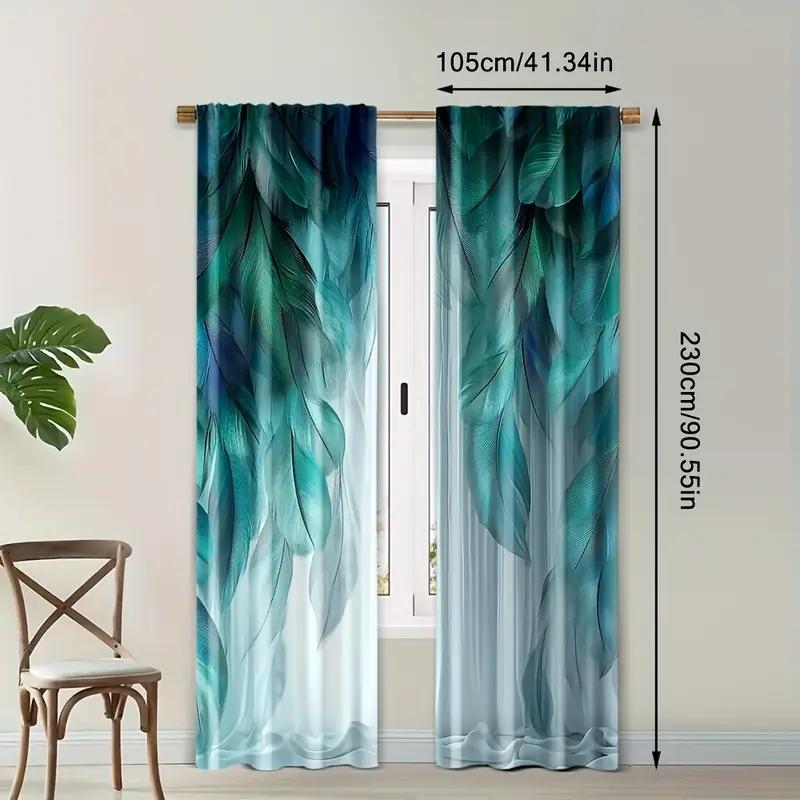 2pcs Gradient Teal Feather Printed Curtains, Designed for Light Filtering, Quality Material, Ideal for Daily Home Window Decorat