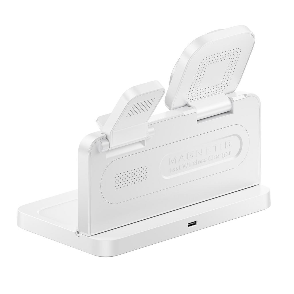5-in-1 Magnetic Wireless Charger with Phone Stand, Magnetic Wireless Watch Charger, Magnetic Wireless Earphone Charger, and Digital Alarm Clock