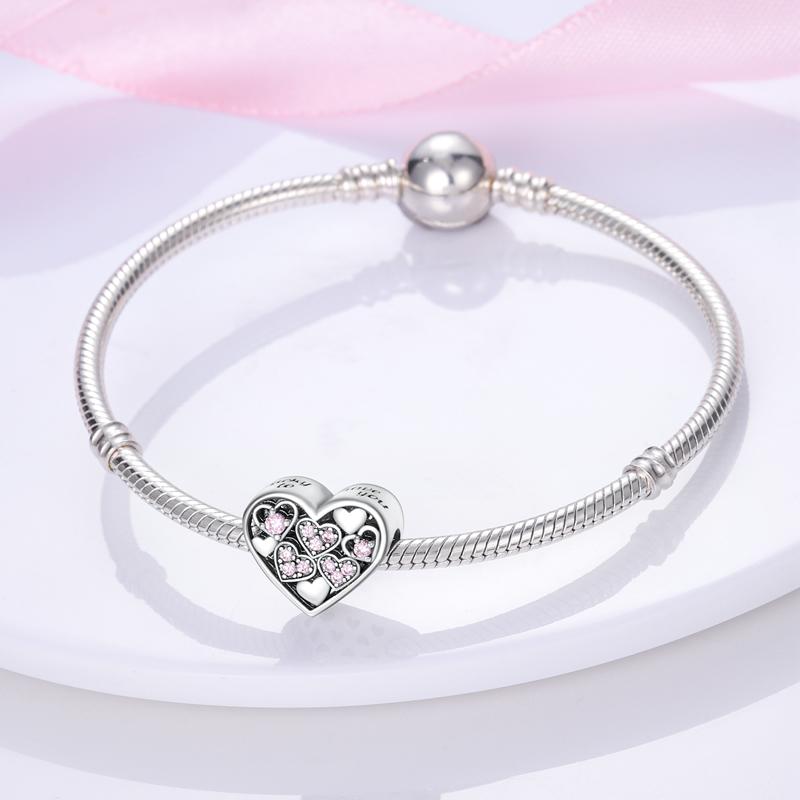 925 Sterling Silver Pink Zirconium Love Heart Charms Bead Heart-shaped Pendants Fit Original Bracelet DIY Jewelry GiftGood product