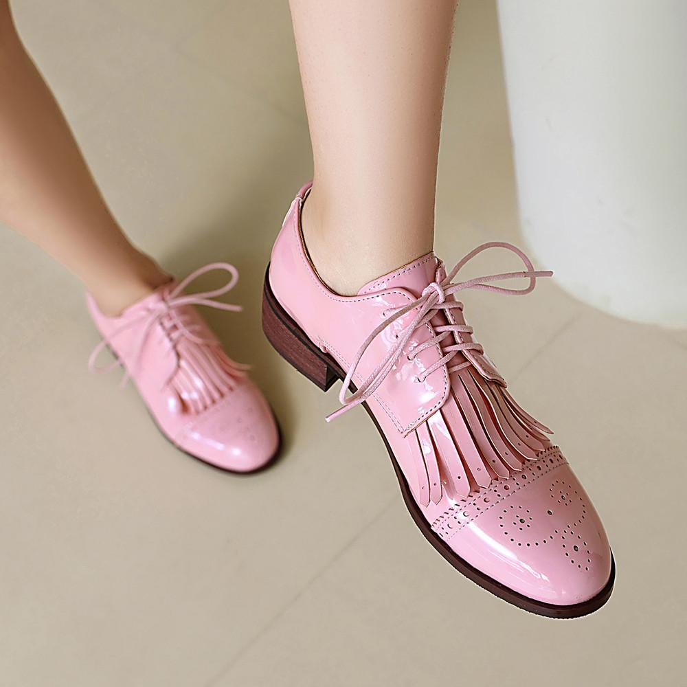 Móda Móda Jaro Šněrovací Oxfordky Dámské Šněrovací S Kulatou Špičkou Mokasíny Přezka Střapec Kůže Derby Britské Dámské Boty na Silném Podpatku