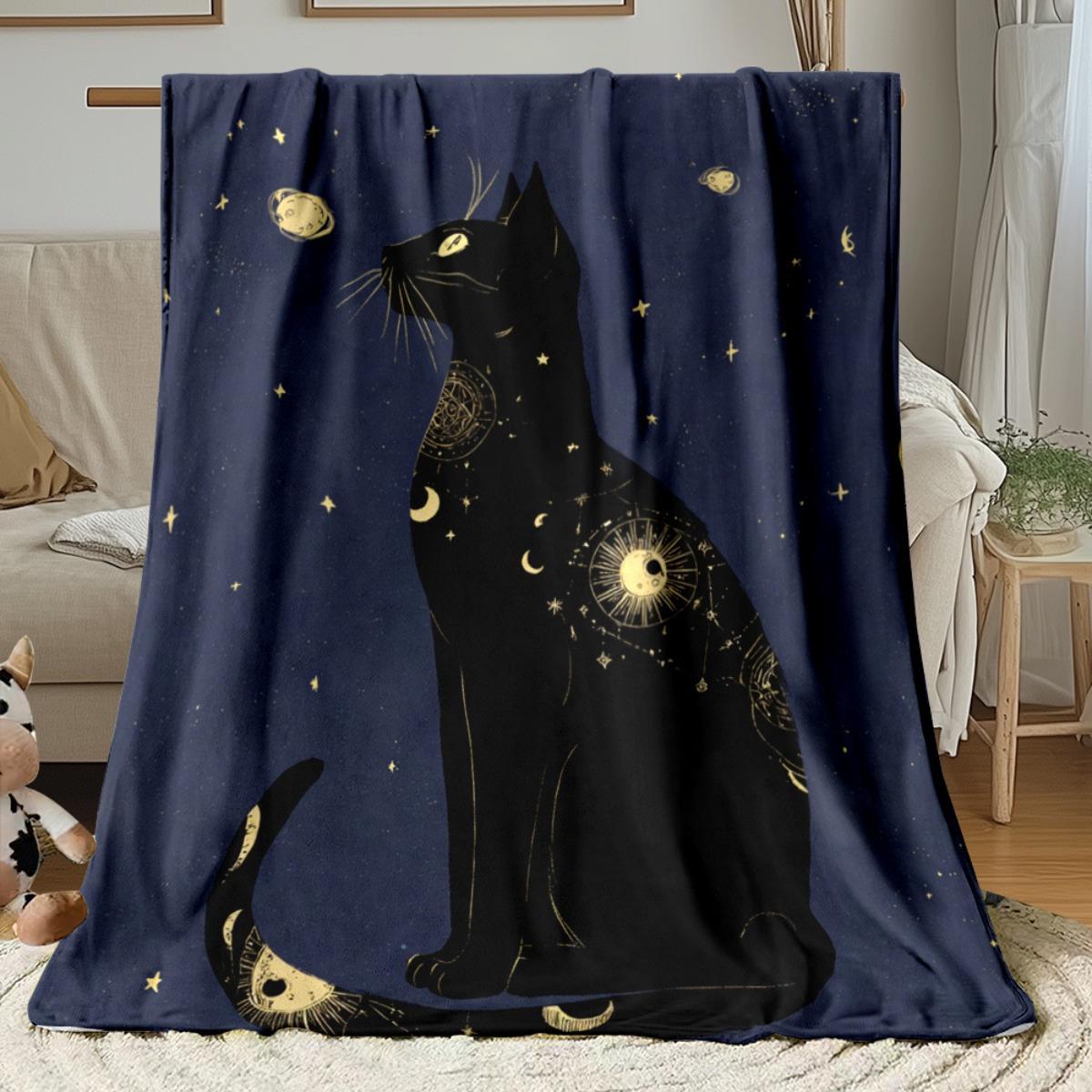 1pc Black Cat Under Starry Sky Ultra-Soft Lightweight Flannel Blanket - Cozy Warm Throw for Camping, Travel & Home Use, All-Seas 75x90cm