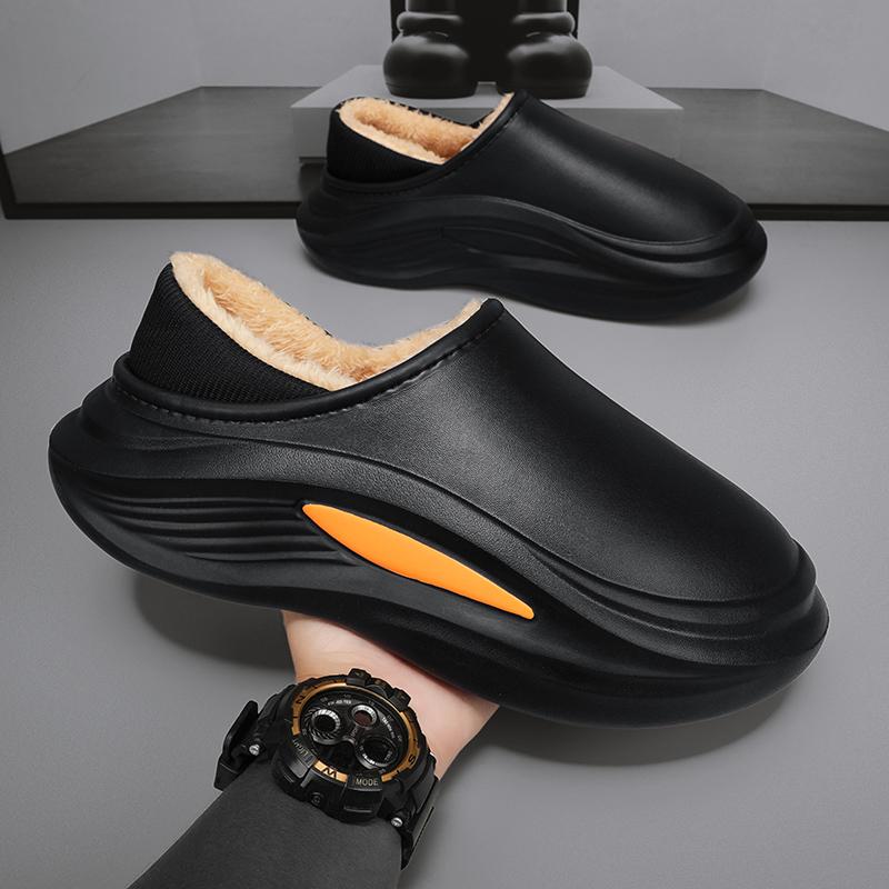 Cotton slippers for men's winter bag with plush and thickened heel, anti slip and waterproof, with a sense of stepping on feces