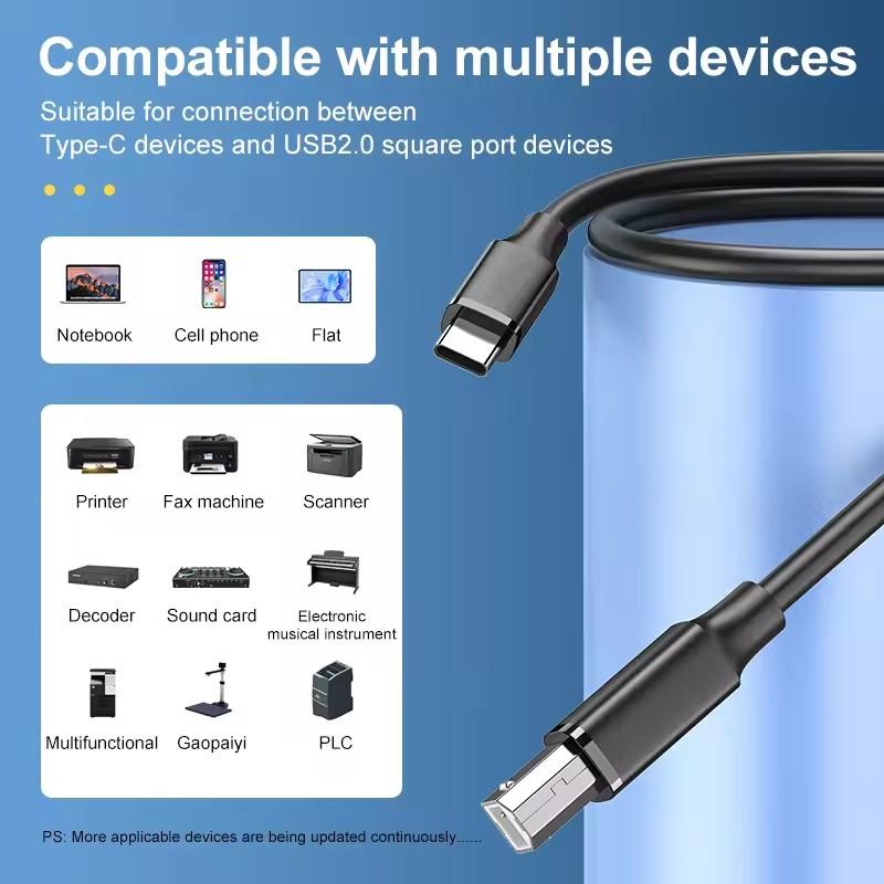 Cabo USB Tipo C para USB Tipo B 2.0 para Novo MacBook Pro HP Canon Brother Epson Dell Samsung Impressora Tipo C Cabos de Impressora Scanner