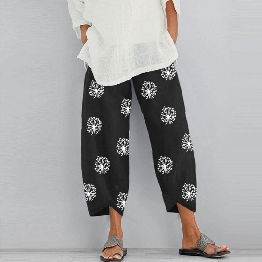 Women's Cotton Linen Elastic Waist Print Wide-Leg Pants - Loose Casual Nine-Point Style