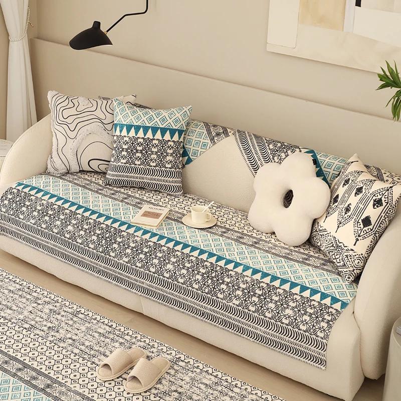 Bohemian Geometric Pattern Sofa Towel Anti Slip Wear-resistant Sofa Cushion Pillowcase  Dustproof Cotton and Linen Settee Cover