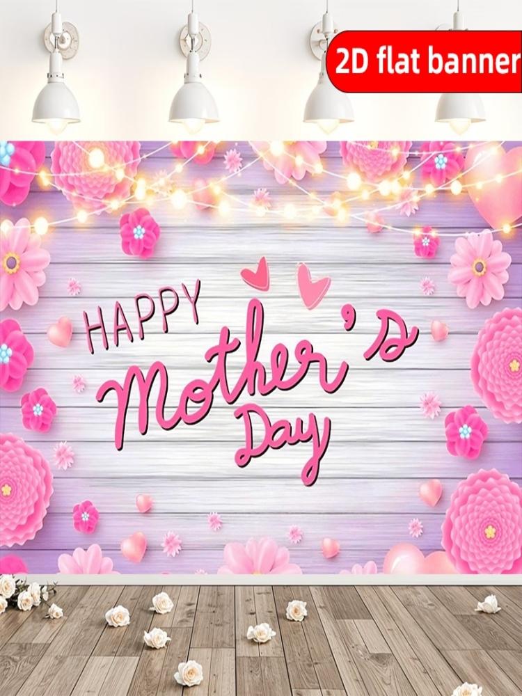 2D flat banner Happy Mother s Day Party Banner Flower Butterfly Heart Pattern 100x50cm розовый