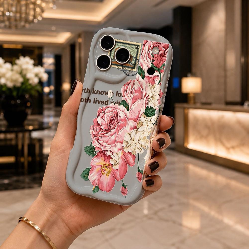 Vintage Stamp Peony Floral Hand Script Wavy Edge Phone Case For iPhone 17 16 15 14 13 12 11 8 7 Plus Pro Max Retro Cover