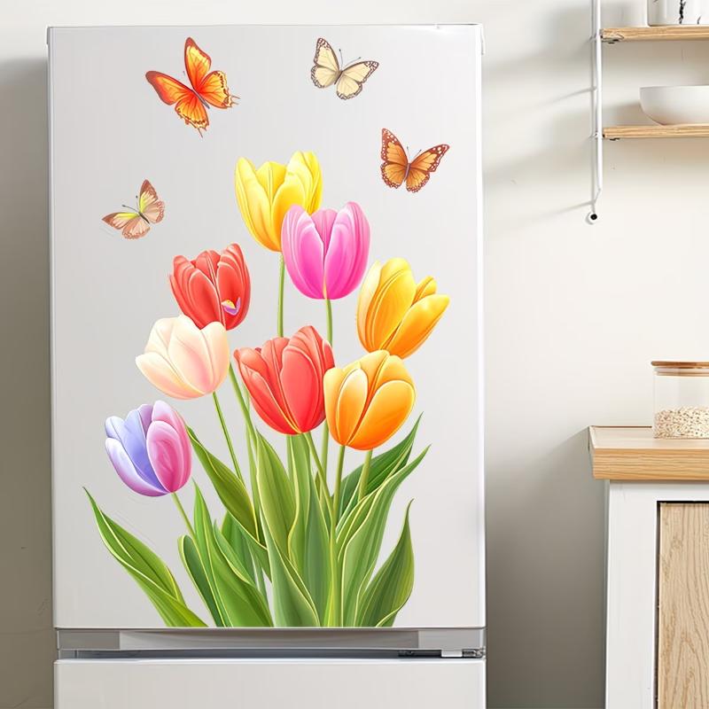 Colorful Butterfly Flowers Refrigerator Decoration Stickers Self-Adhesive Removable Decal Glass/ Door/Wall Sticker Home Decorati