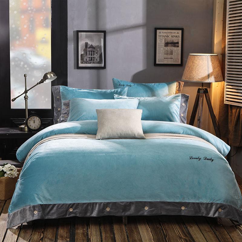 4pcs/set Pure Color Crystal Velvet Sheet Coral Velvet Thick Double-sided Duvet Cover Autumn and Winter Queen Size Bedding