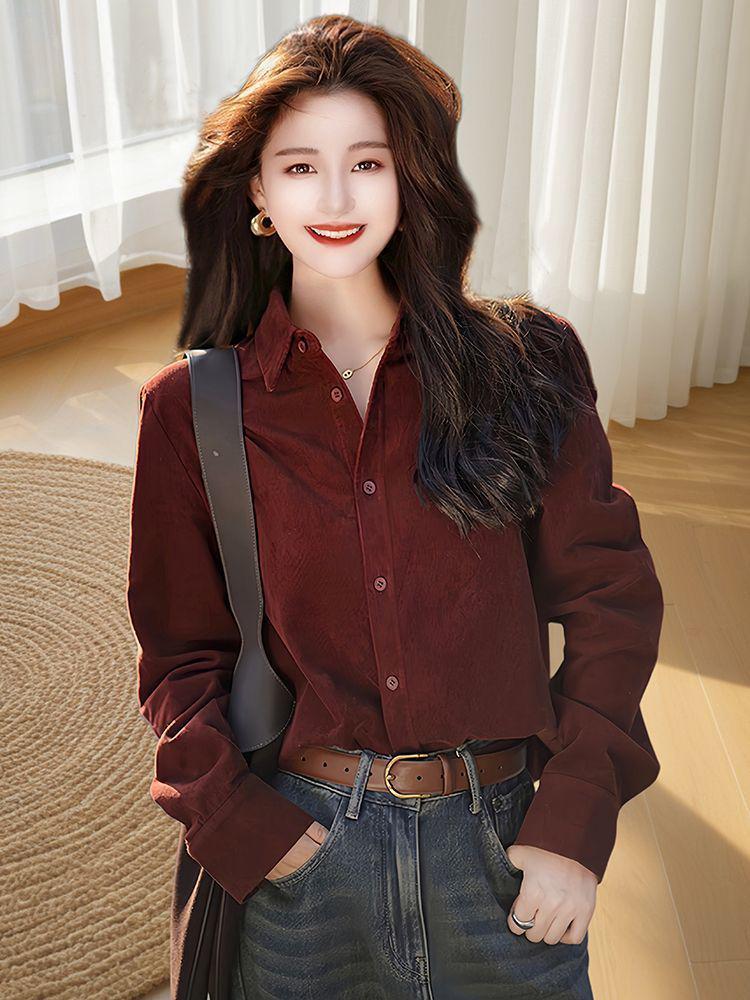 Women's Retro Corduroy Loose Long-Sleeve Shirt - Casual, Versatile, Meat-Concealing 