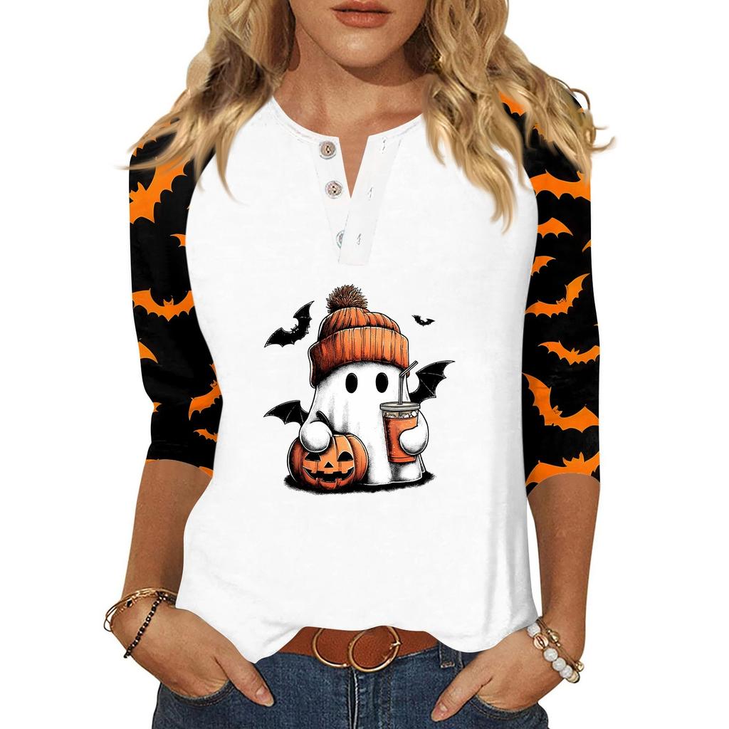 Damen-T-Shirt mit Halloween-Aufdruck und Knopfleiste, 3/4-Ärmel, modisch für den Alltag und das Wochenende, Basic, V-Ausschnitt, normales Oberteil