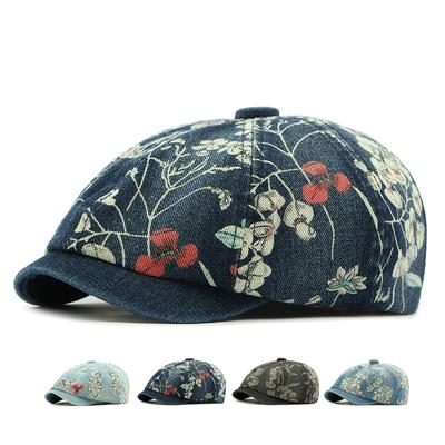 Printed Beret Women's Octagonal Cap Vintage Cap Denim Newsboy Cap for Men
